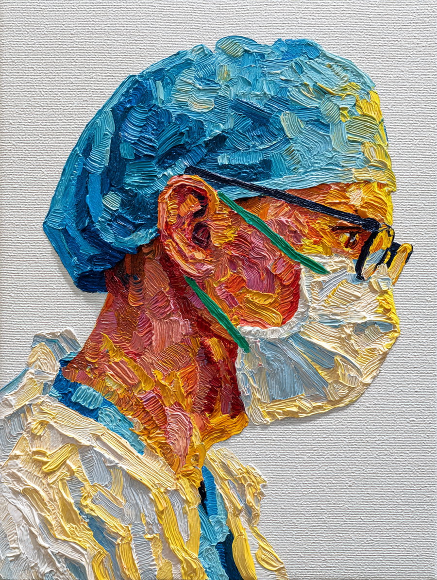 Oil painting of a person wearing a blue medical cap, white mask, and glasses, shown in profile view with vibrant, thick brushstrokes in warm and cool colors
