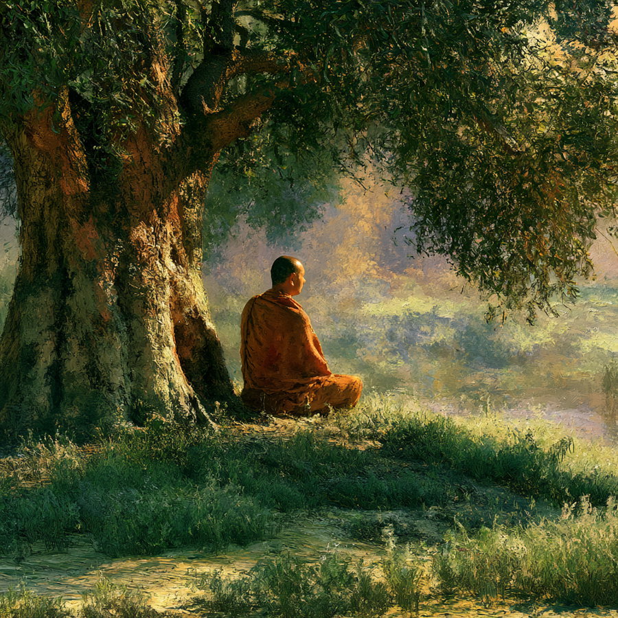 A person sitting cross-legged in meditation wearing an orange robe under the shade of a large tree in a lush green outdoor setting with soft sunlight filtering through the leaves