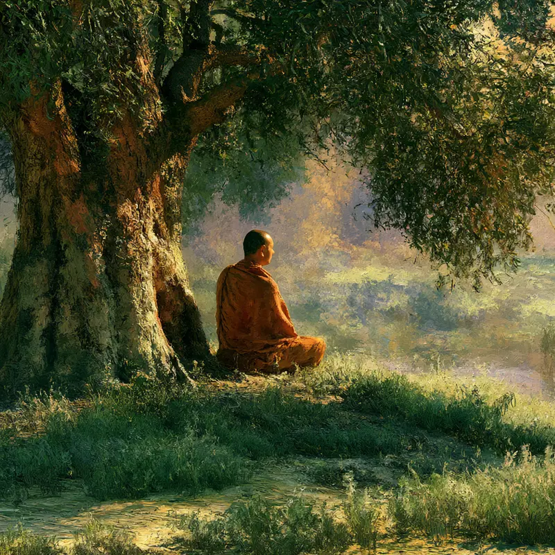 Serene Meditation Scene Under a Large Tree in Nature