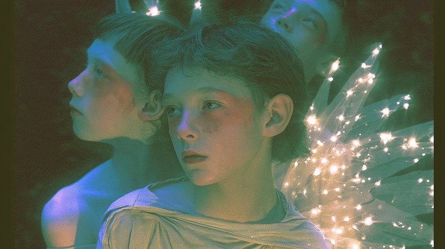 Portrait of three children with serious expressions, illuminated by soft glowing fairy lights on one child's back, in a dark, moody environment