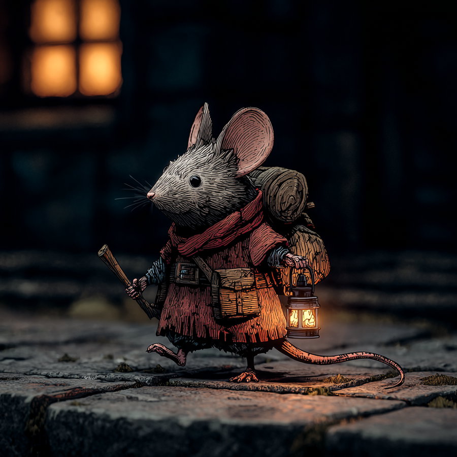 A detailed illustration of a mouse dressed in medieval-style clothing, carrying a backpack and holding a lit lantern, walking on a cobblestone street at night with a softly glowing window in the background