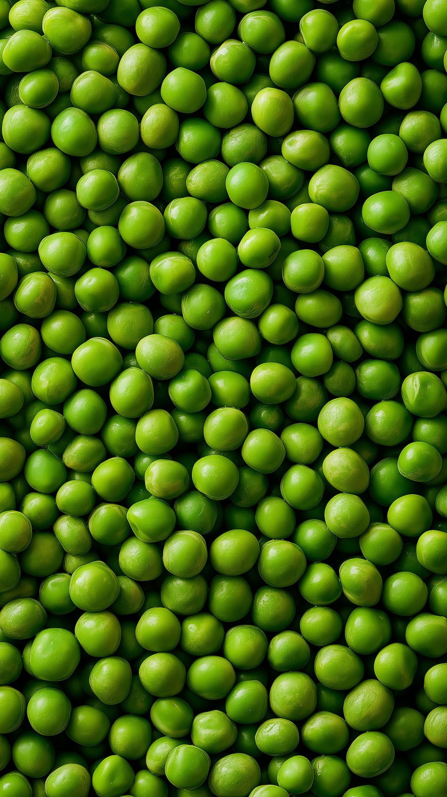 A detailed close-up image showing a dense grouping of fresh green peas with smooth, round shapes and a vibrant green color.