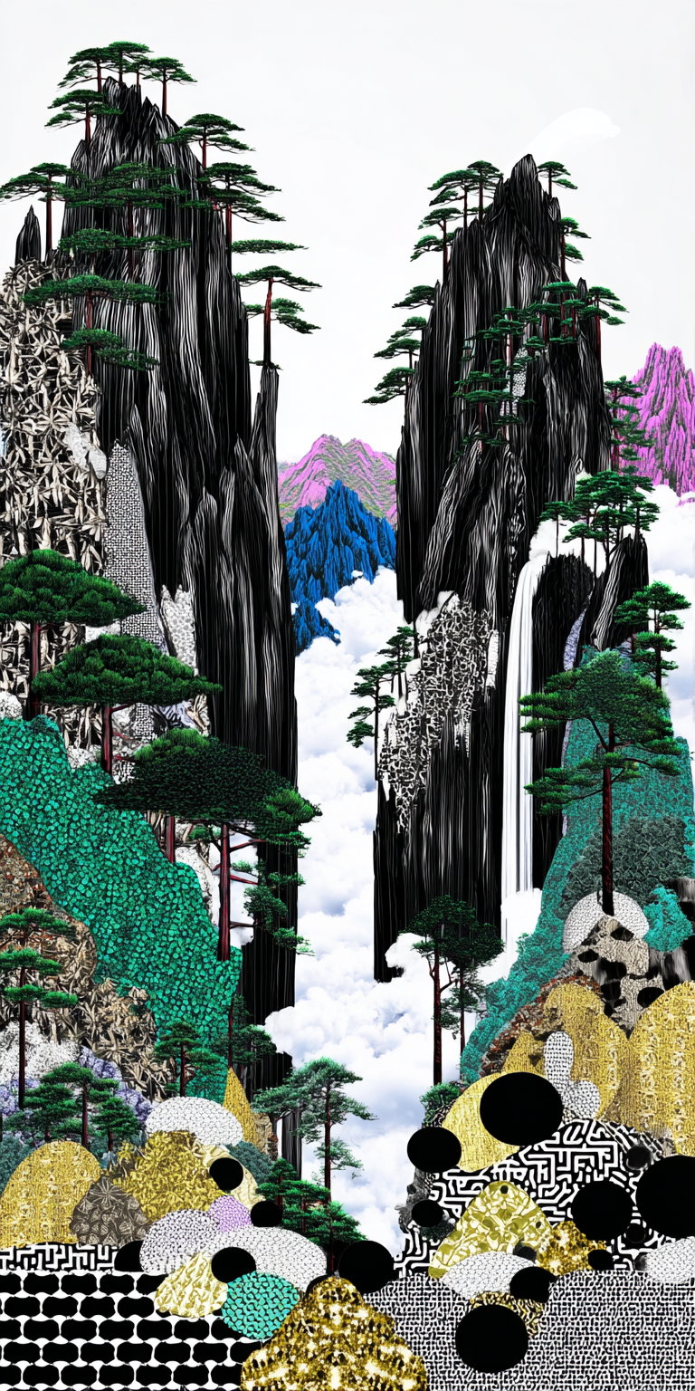 Tall black jagged mountains with green pine trees, colorful patterned rocks, white mist, and a waterfall in a highly stylized nature inspired artwork