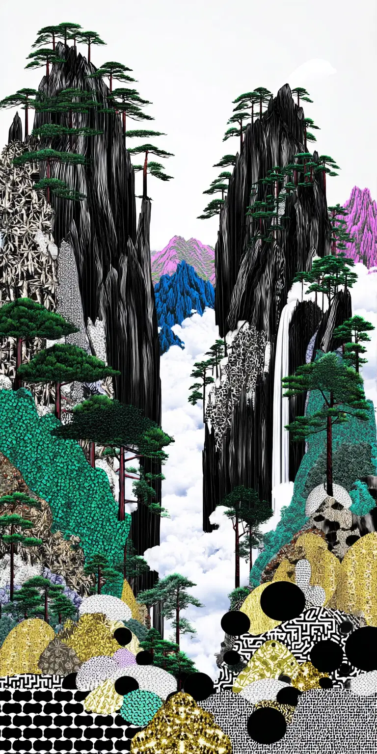 Colorful artistic depiction of misty mountains with stylized pine trees and waterfalls