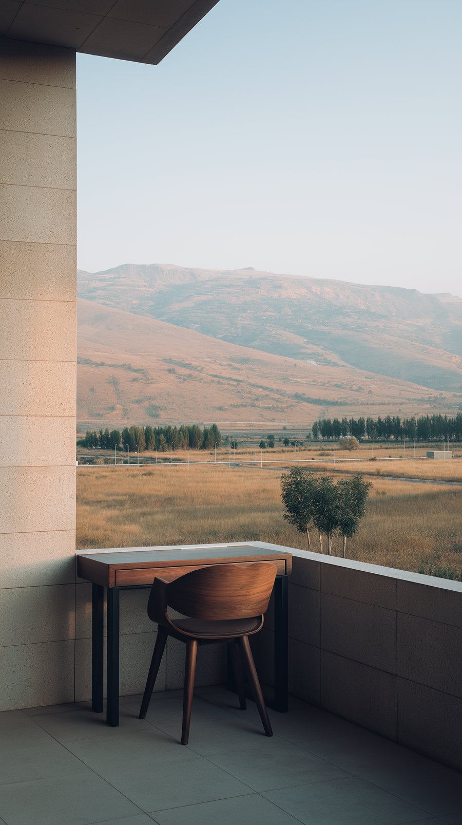 A simple balcony with a wooden desk and chair facing an open landscape of fields, trees, and distant mountains under a clear sky