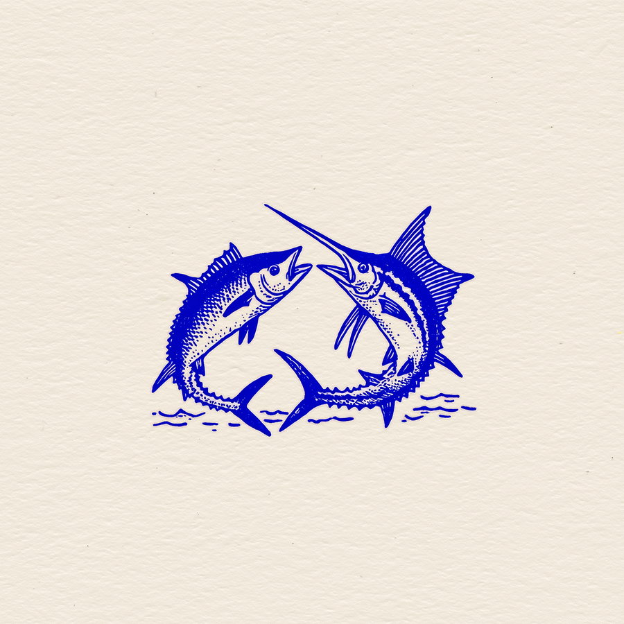 Two blue ink swordfish facing each other on a light textured paper background