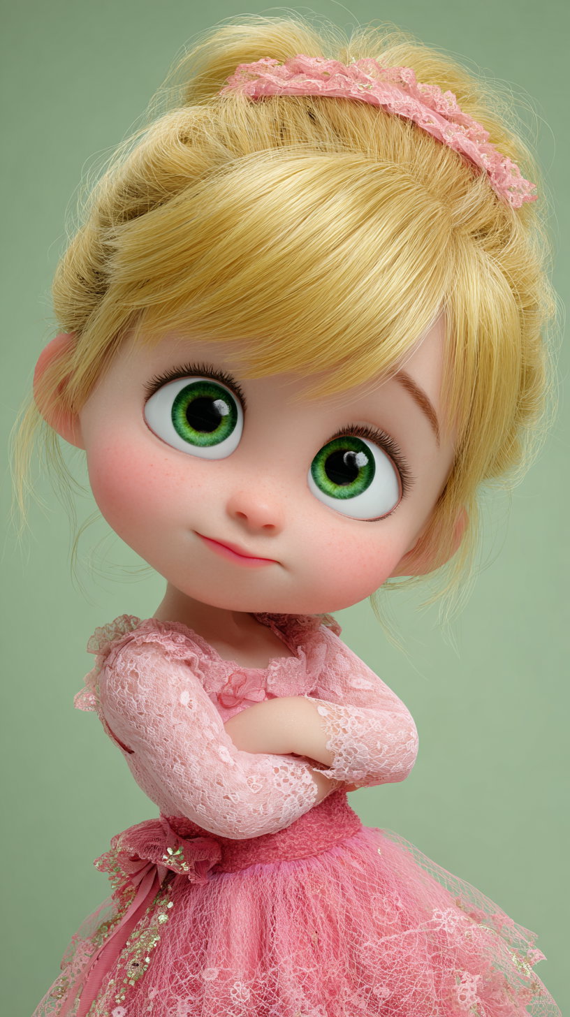 3D rendered portrait of a cute young animated girl with big green eyes, blonde hair tied back with a pink lace headband, wearing a detailed pink lace dress on a green background