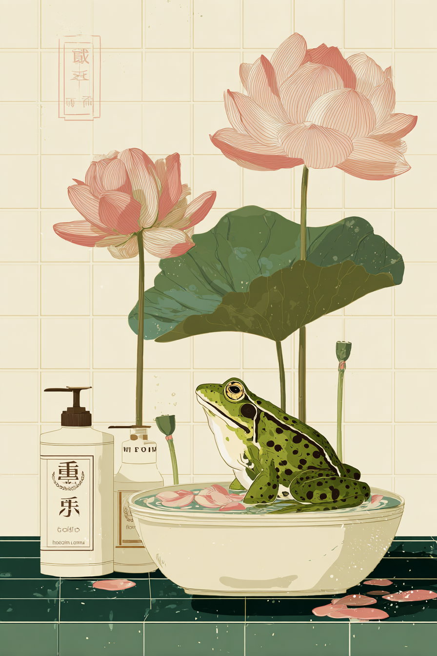 Green frog sitting in water in a white bowl with pink lotus petals floating in the bowl, large lotus flowers and leaves behind, two bottles on a tiled counter