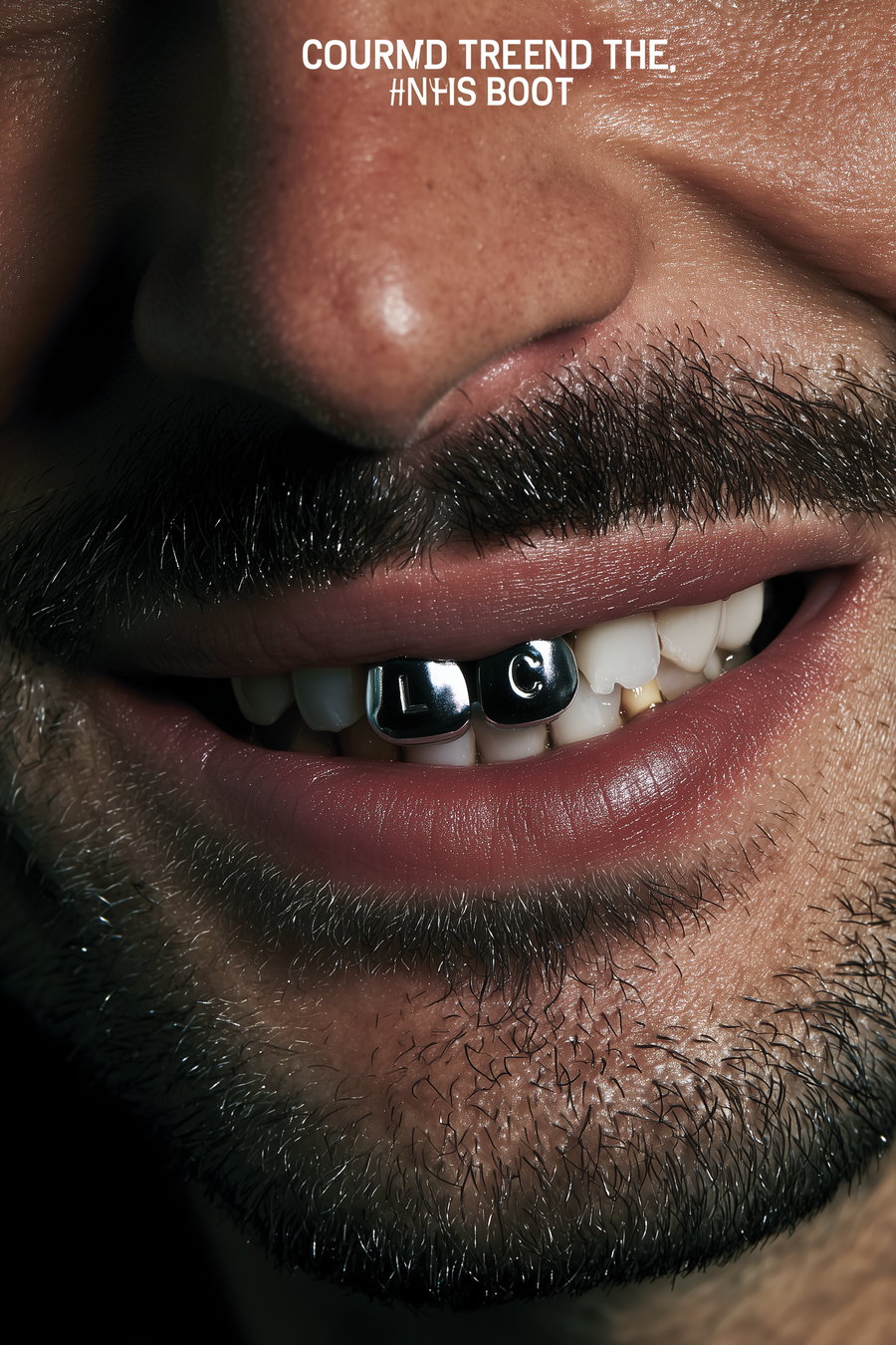 Close-up image of the lower half of a man's face focusing on his smile with silver grillz on two teeth, showing stubble and detailed skin texture.