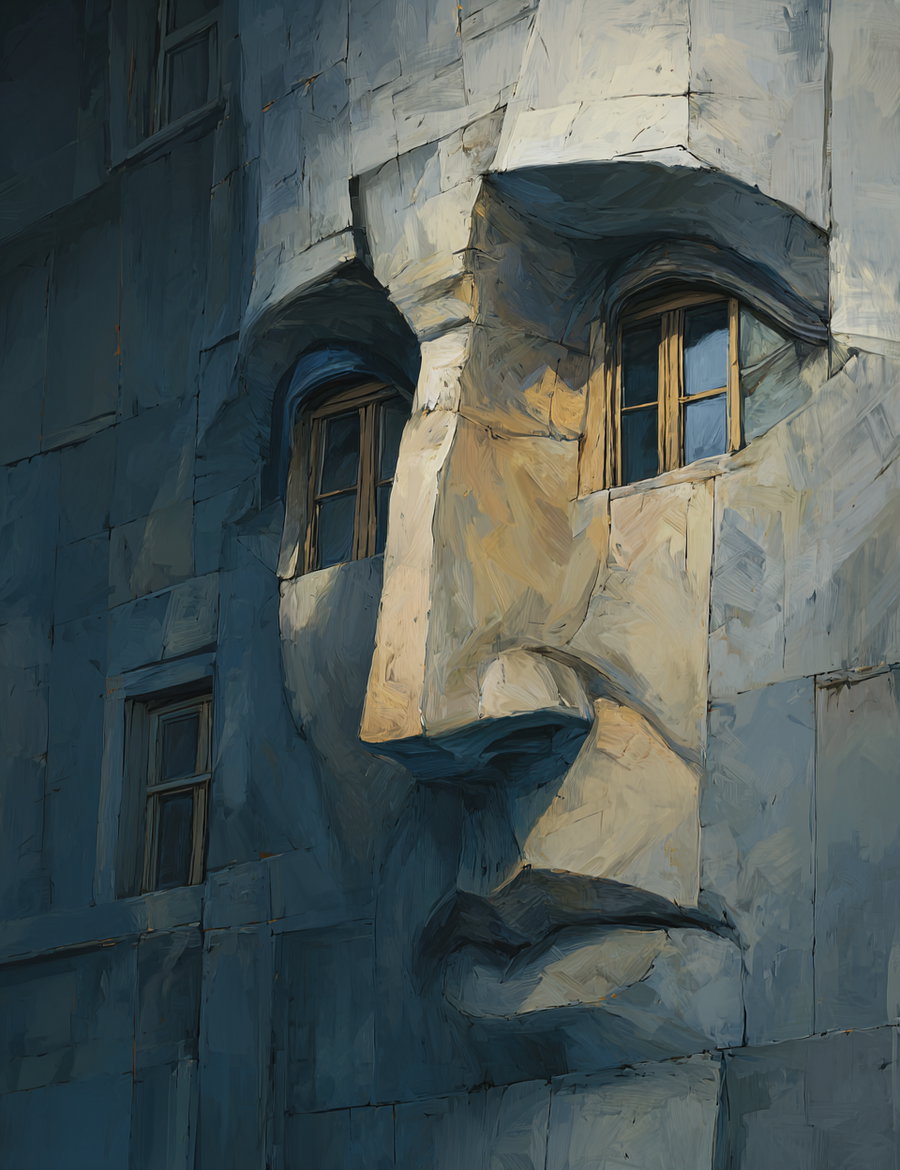 A building facade with architectural elements forming a large human face with windows as eyes