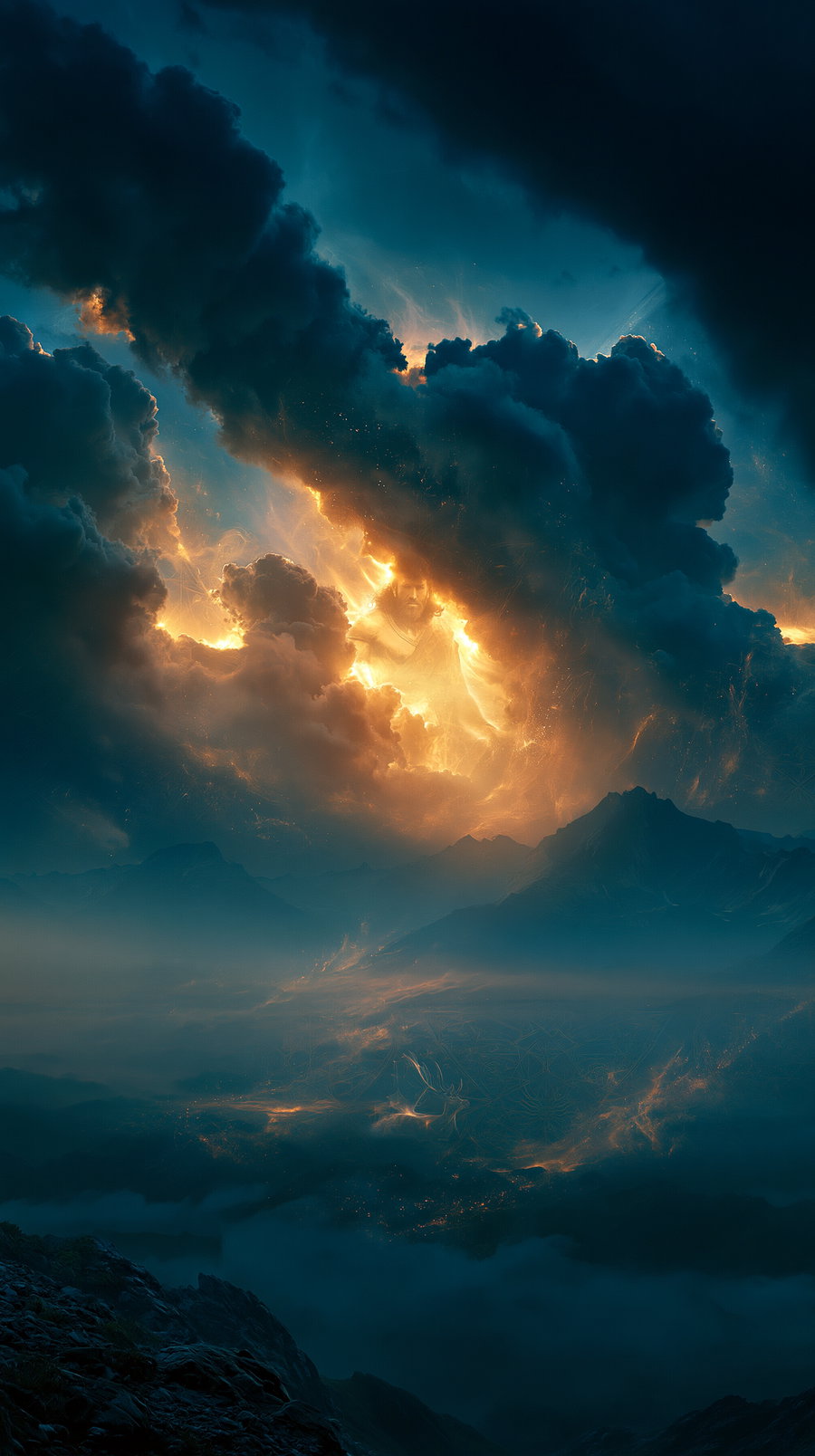 Dark, moody clouds part to reveal bright golden light resembling a figure, with mountains and illuminated mist below