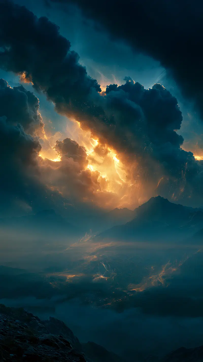 Moody and dramatic cloudscape with glowing golden light and mountainous silhouette