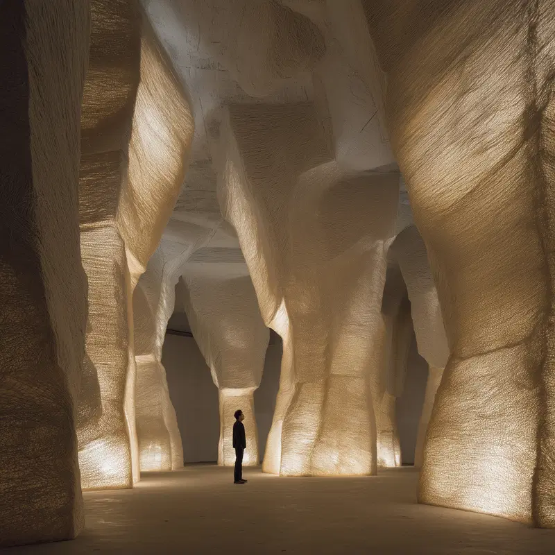 Dimly lit modern art installation with large sculptural columns