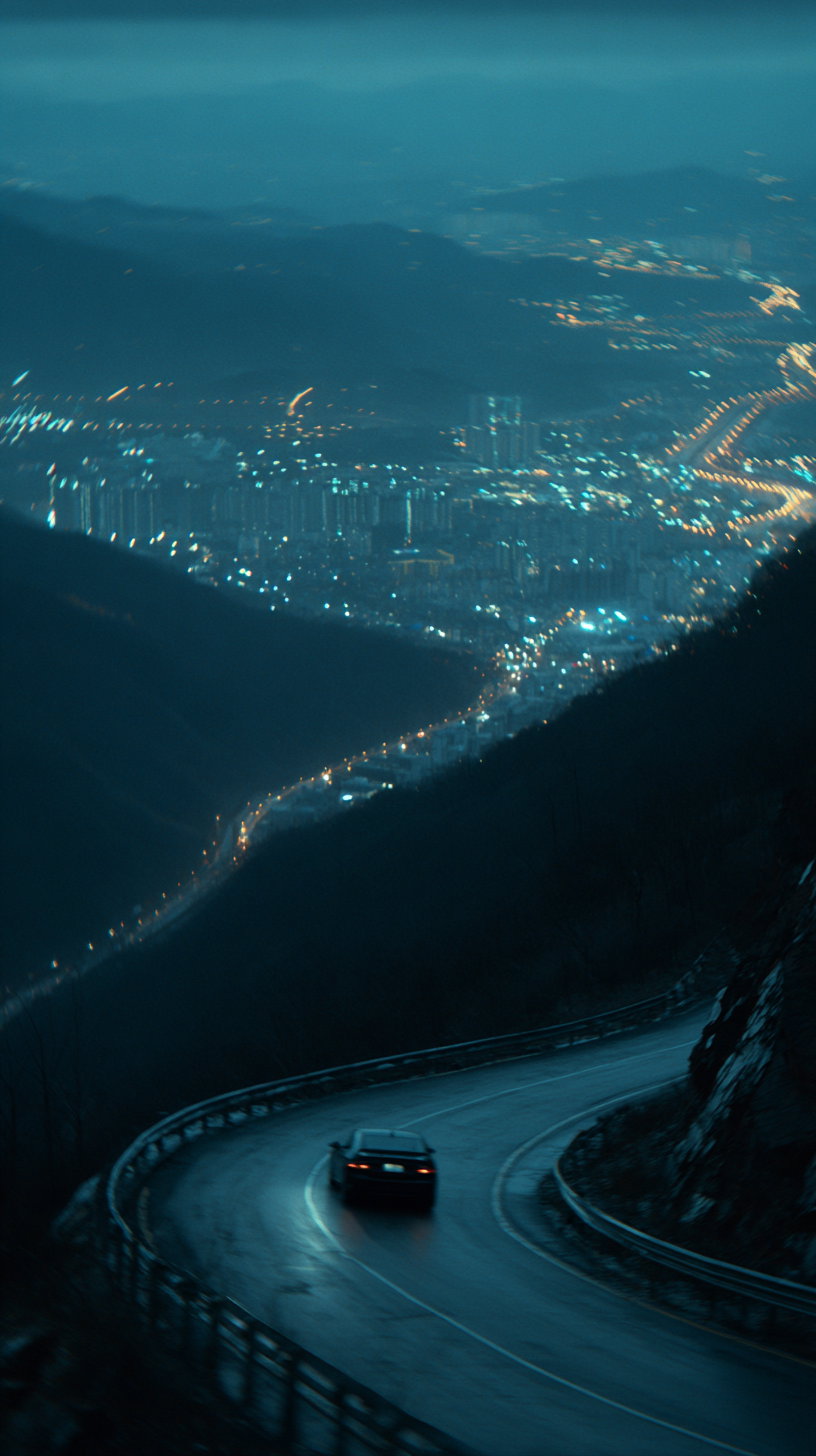 A car driving on a curved mountain road at night overlooking a brightly lit city in the background with hills surrounding the area