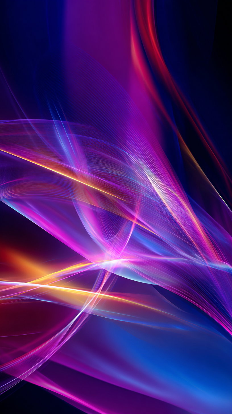 Colorful abstract digital art featuring flowing, translucent ribbons in purple, blue, orange, and pink hues on a dark background