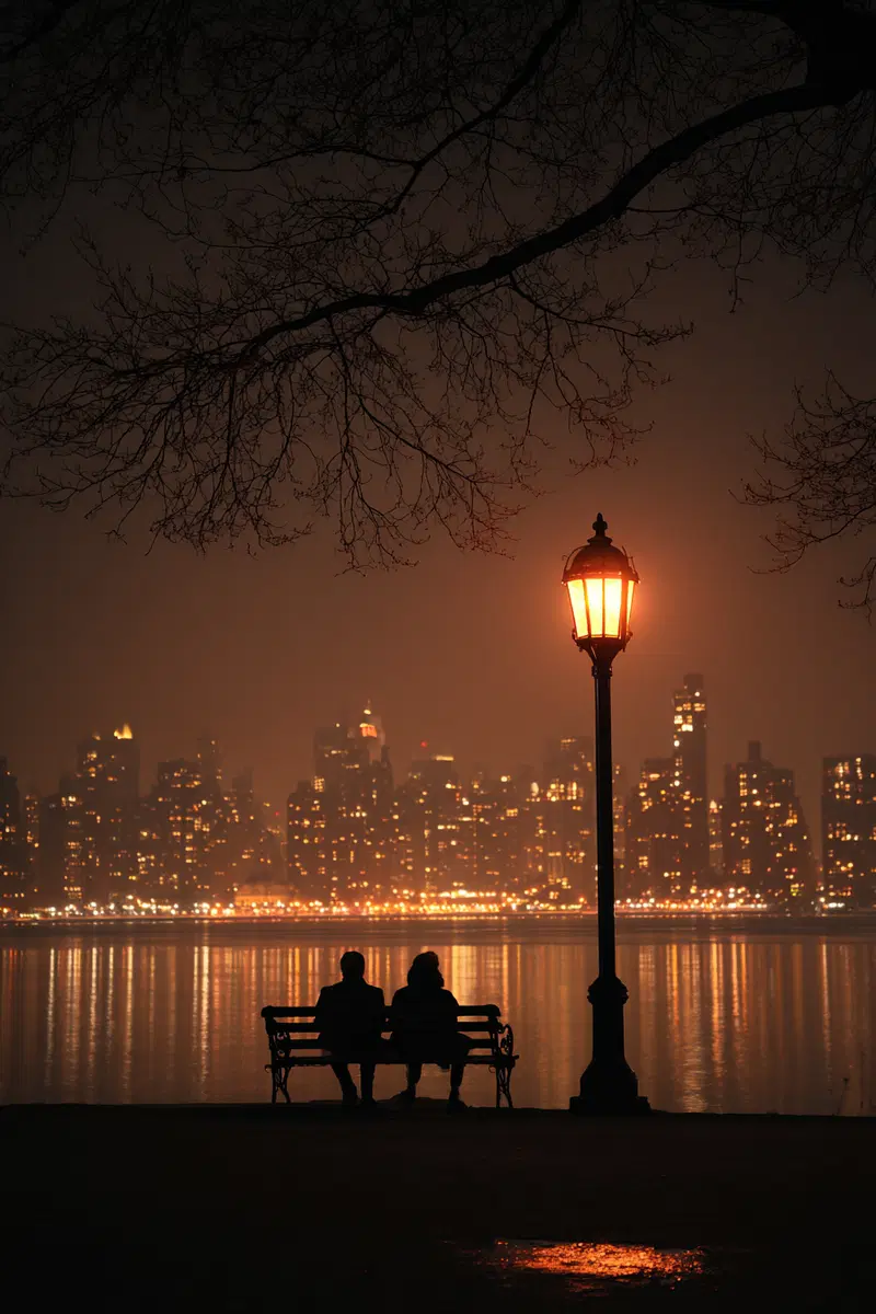 Silhouetted couple on park bench by lamppost with city skyline at night