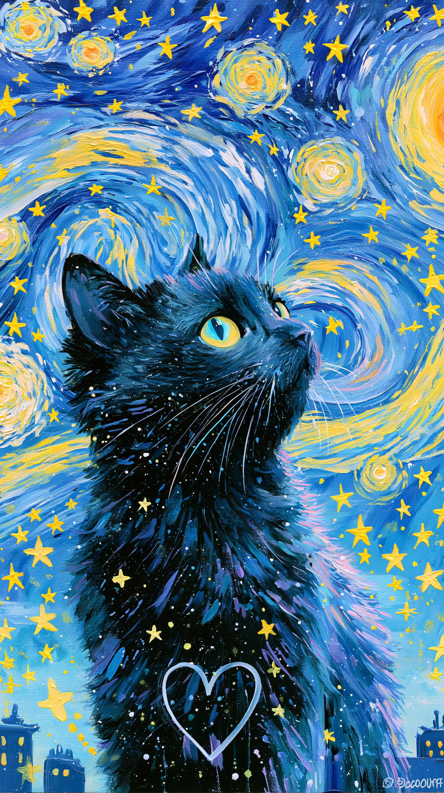 Colorful painting of a black cat looking upward with bright yellow eyes, surrounded by swirling blue and yellow starry night sky with stars and abstract patterns