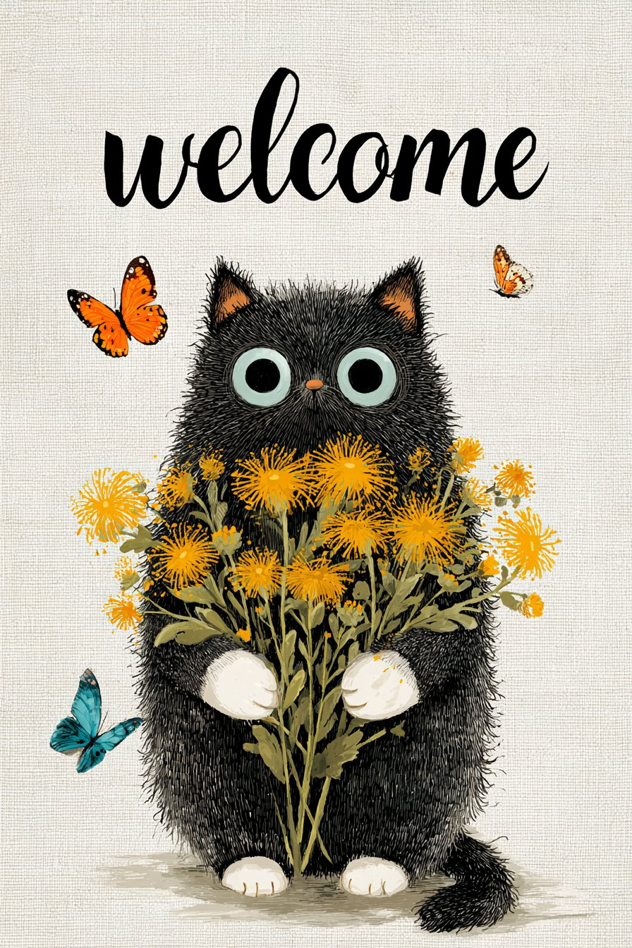 Illustration of a black cat with big blue eyes holding a bouquet of yellow flowers surrounded by two orange butterflies and one blue butterfly, with the word welcome above