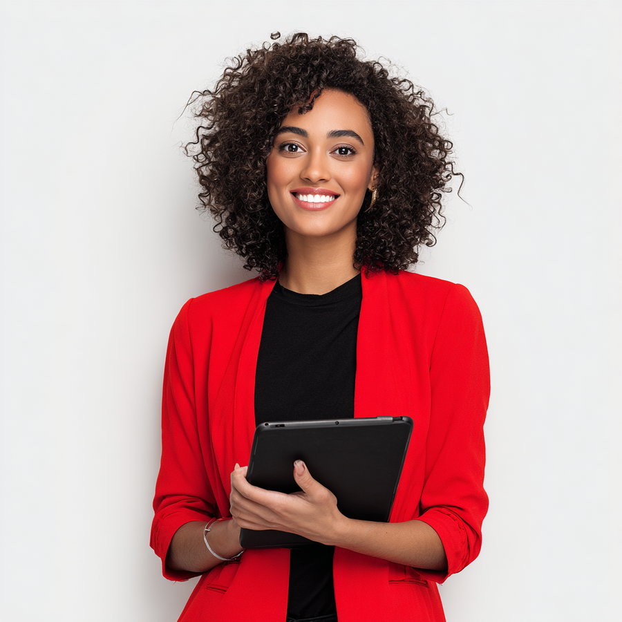 Smiling young woman with curly hair wearing a red blazer and black top holding a tablet against a plain white background
