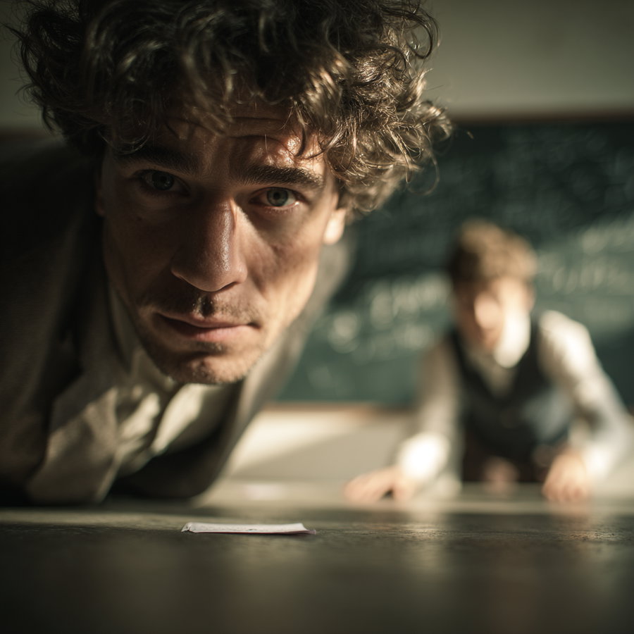 A close-up of a man with curly hair and intense expression leaning forward, with a blurred figure and blackboard in the background.