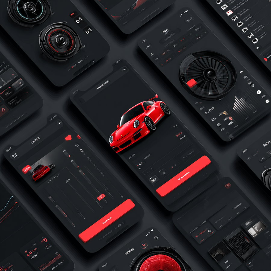 Multiple smartphone screens showing a modern digital interface with a red sports car, car dashboard controls, and data visualizations on a dark background