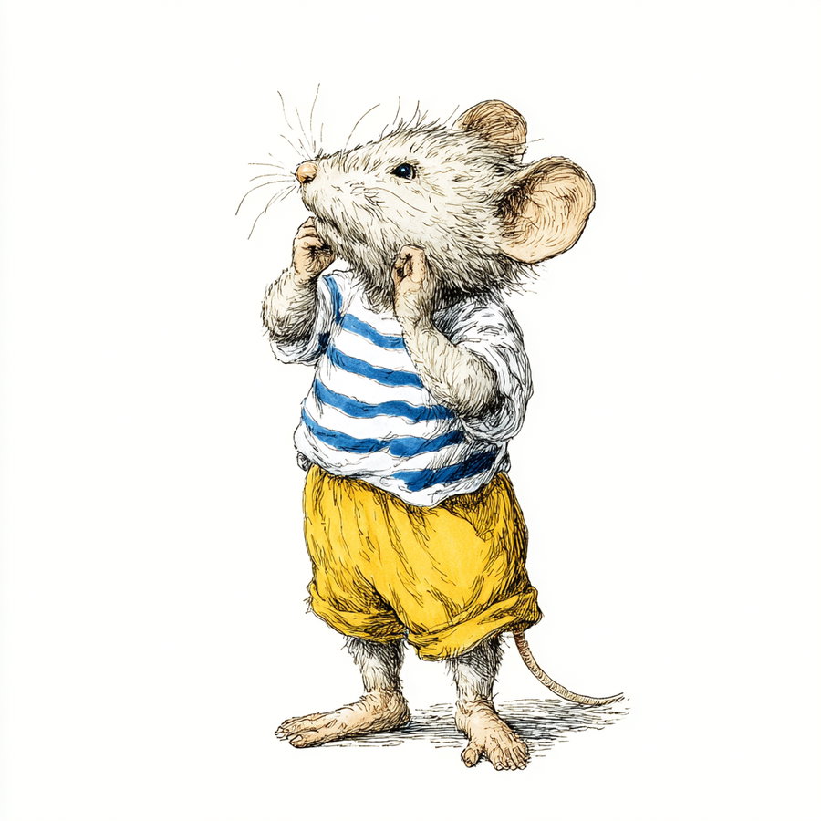 illustration of a standing mouse in yellow shorts and a blue and white striped shirt on a white background
