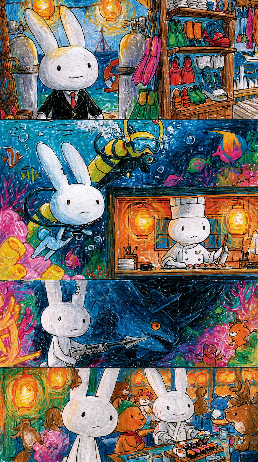 Illustration featuring a white rabbit in various scenes: dressed in a suit by the sea, scuba diving underwater with colorful fish and coral, preparing sushi in a restaurant, holding a spear gun near a large sea creature, and sitting at a sushi table with other animal characters amid glowing lanterns.