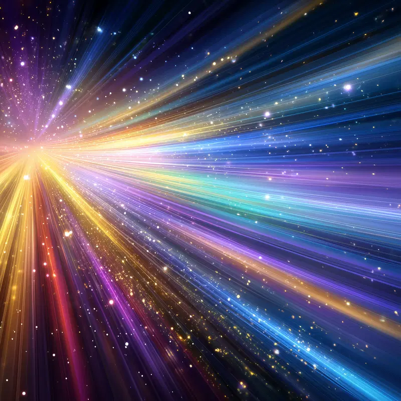 Abstract colorful streaks of light with sparkling particles emanating from a point