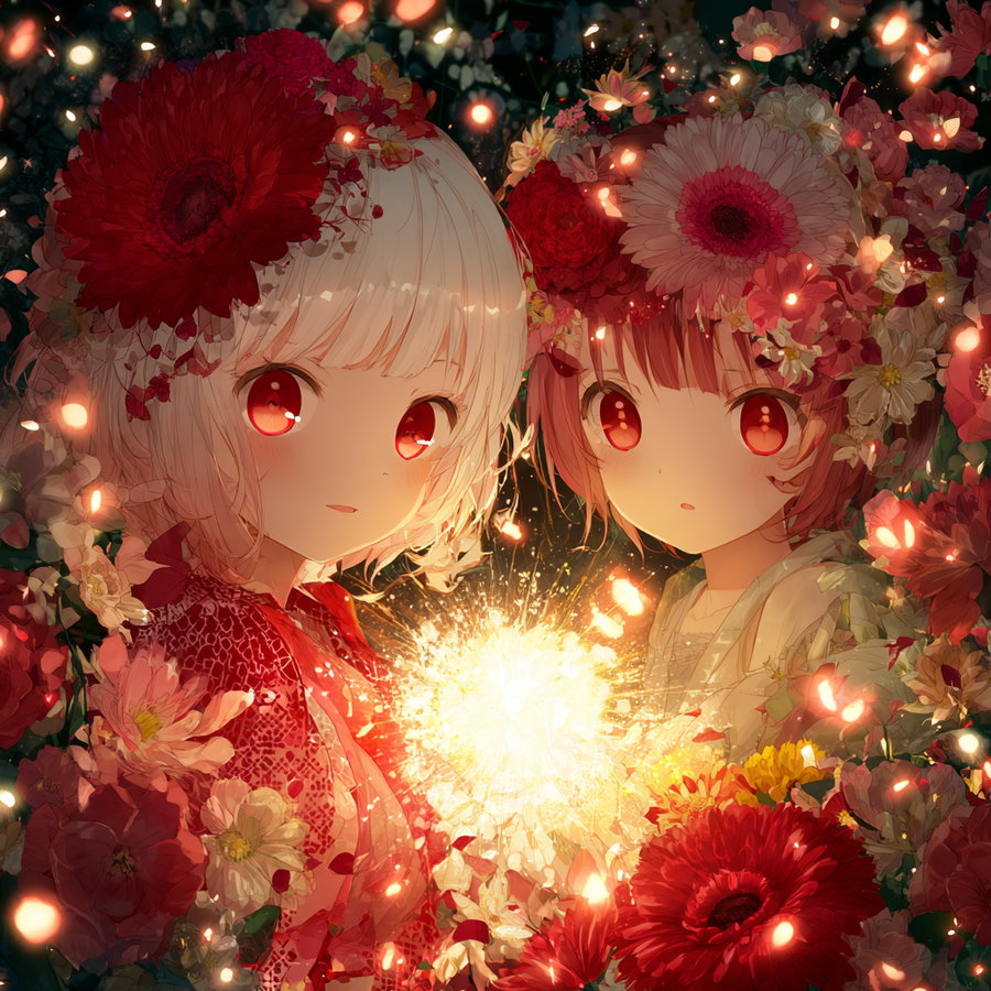 Two anime-style girls with red eyes and floral headdresses surrounded by glowing flowers and warm lights