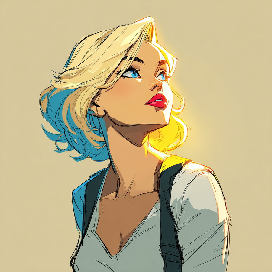 Digital illustration of a blonde woman looking upwards with blue eyes and red lipstick, wearing a white top and black straps, on a plain beige background
