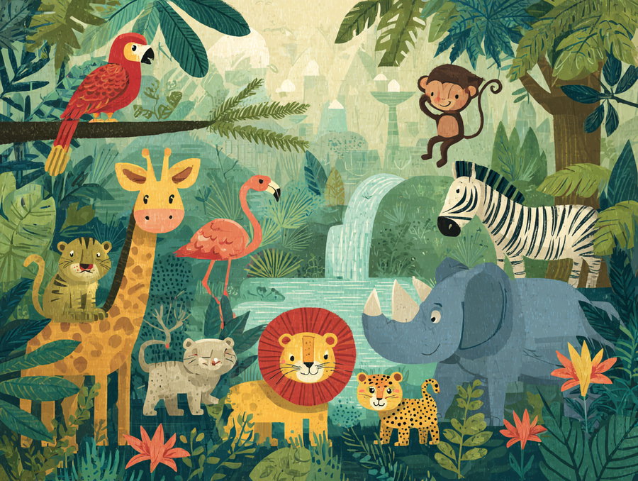 Colorful cartoon style painting of jungle animals including a giraffe, tiger, flamingo, lion, leopard, rhino, zebra, monkey, and parrot in a lush green forest setting with a waterfall in the background.
