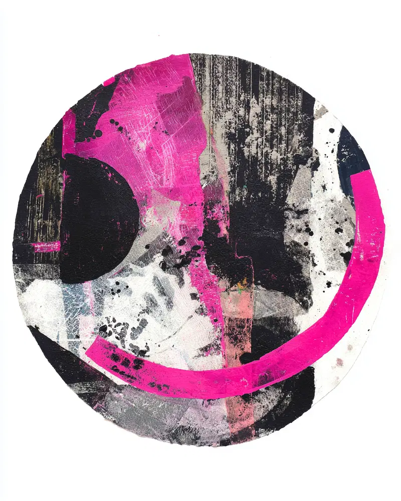 Abstract circular print with bold pink, black, and white textures