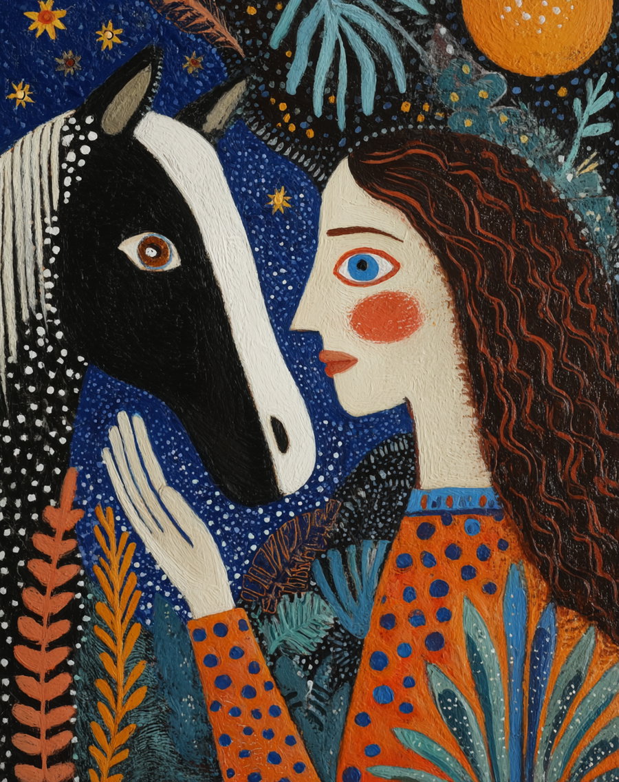 A textured painting depicting a woman with curly red hair and a horse with a black and white face looking at each other, set against a blue starry background with leaves and an orange sun.