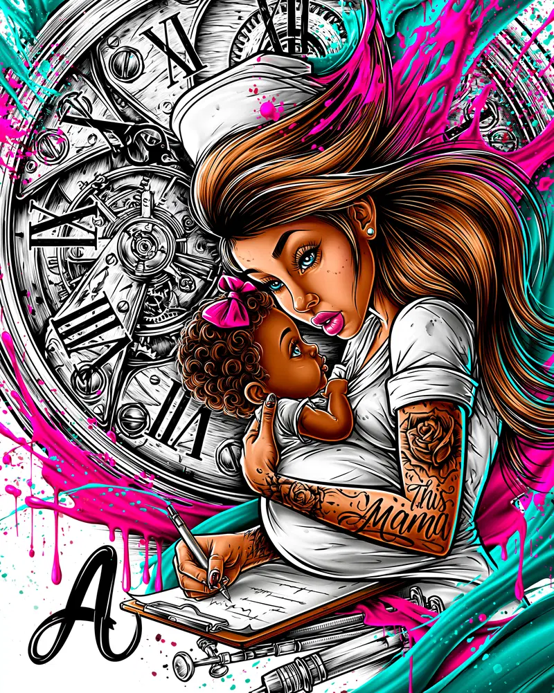 Bold and colorful artwork of a tattooed mother nurse holding a baby with a large clock behind