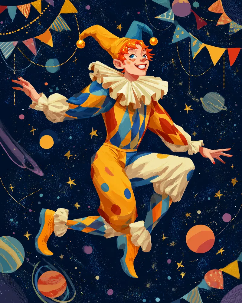 Colorful Harlequin Jester Dancing in a Starry and Planetary Cosmic Background