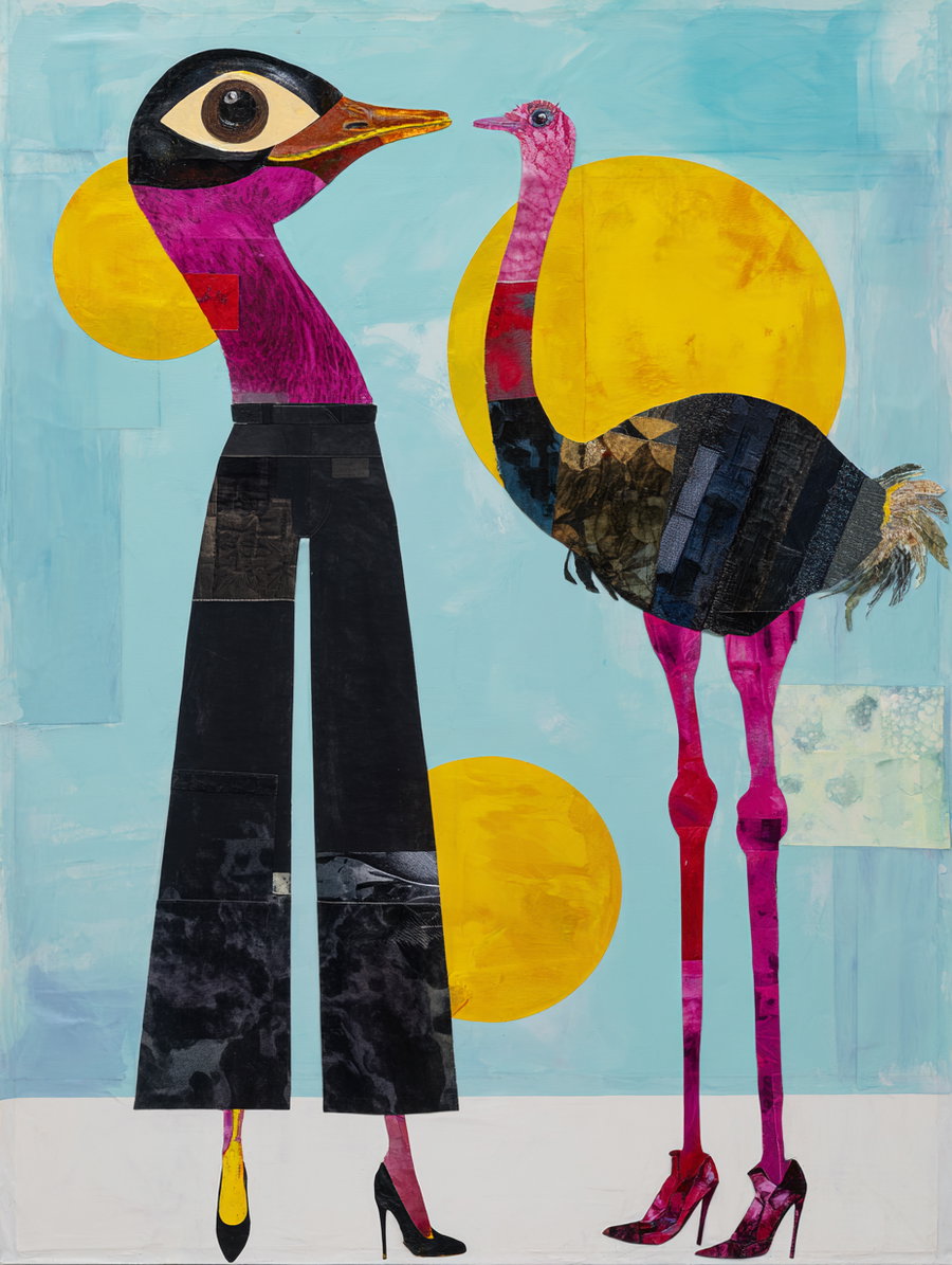 Abstract collage-style art depicting two birds with human clothing and high heels set against a light blue background with two large yellow circles