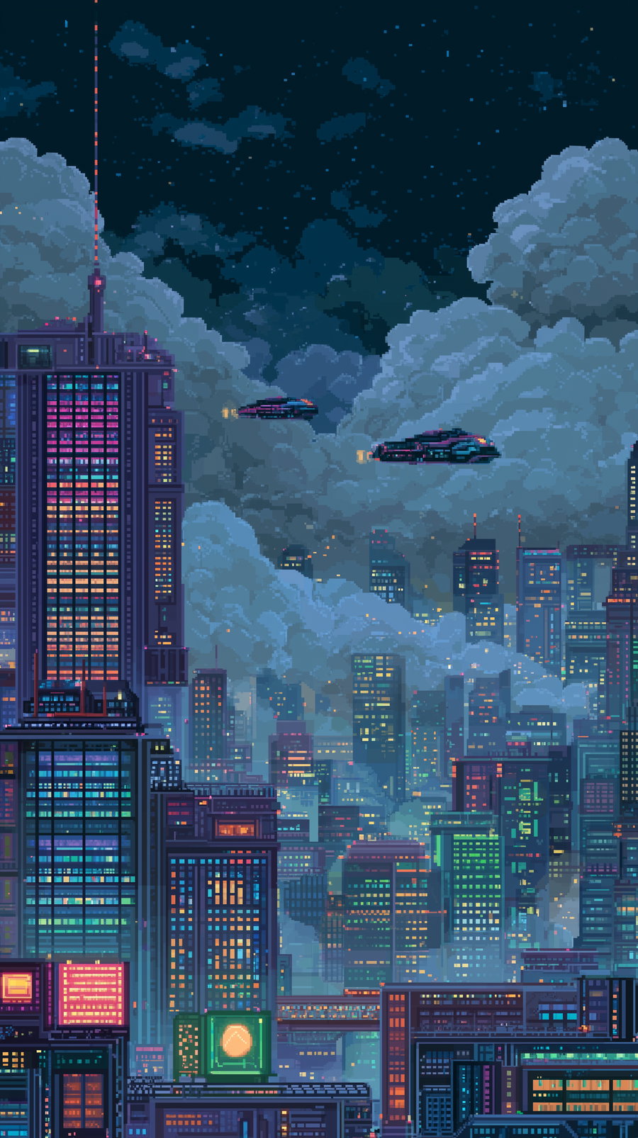 pixel art style image showing a futuristic cityscape with tall skyscrapers illuminated by colorful lights under a starry night sky with large clouds and two flying cars