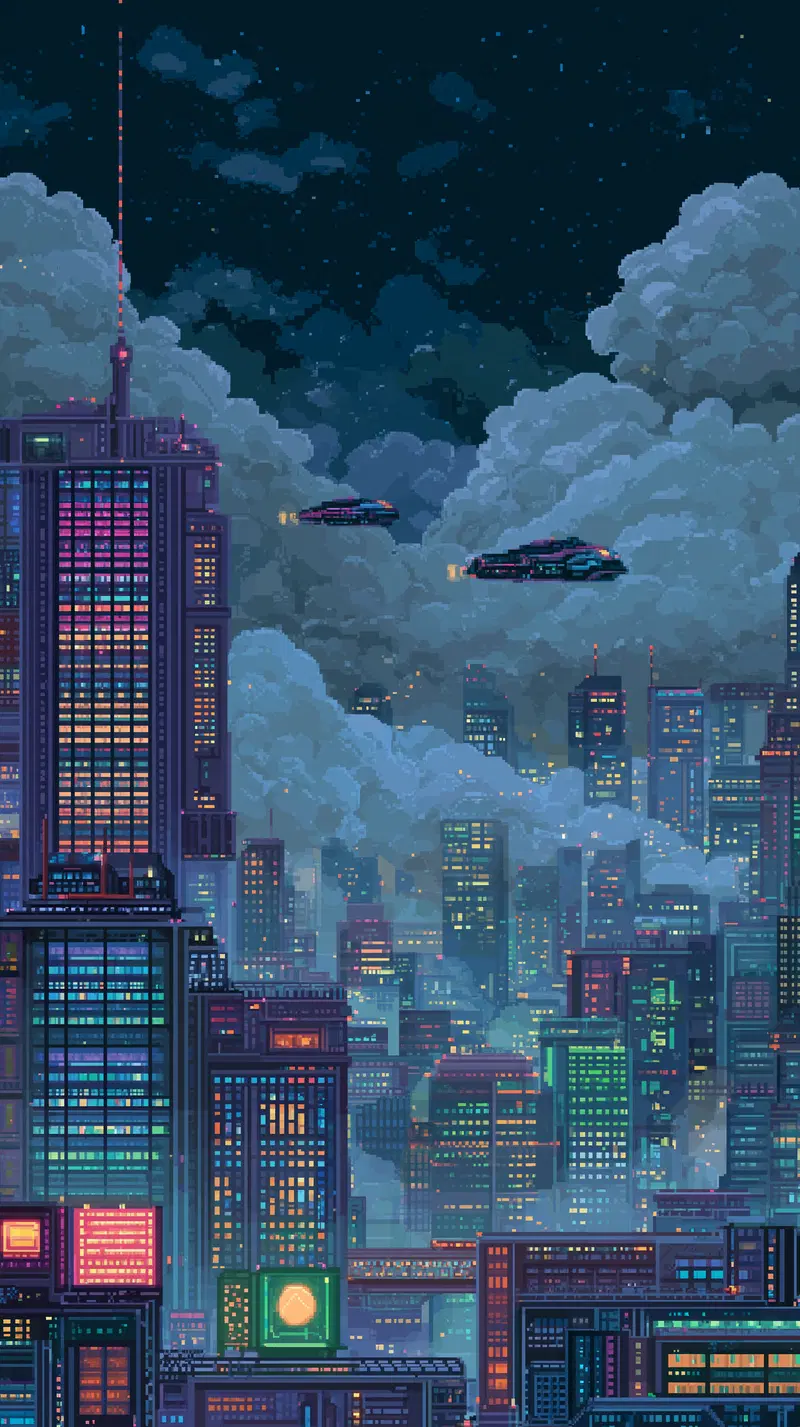 Pixel Art Depiction of a Futuristic City at Night with Flying Cars and Skyscrapers