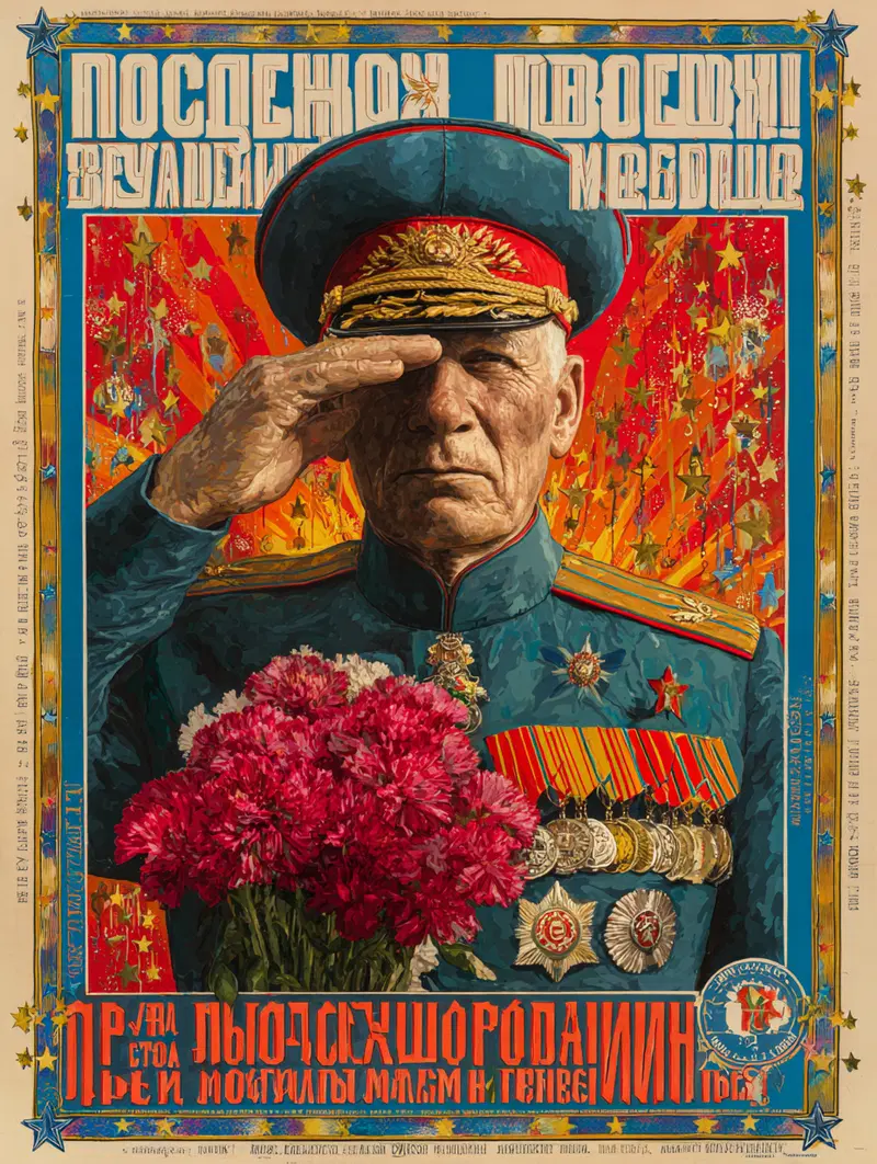Detailed Portrait of a Military Veteran Saluting with Medals and Red Flowers