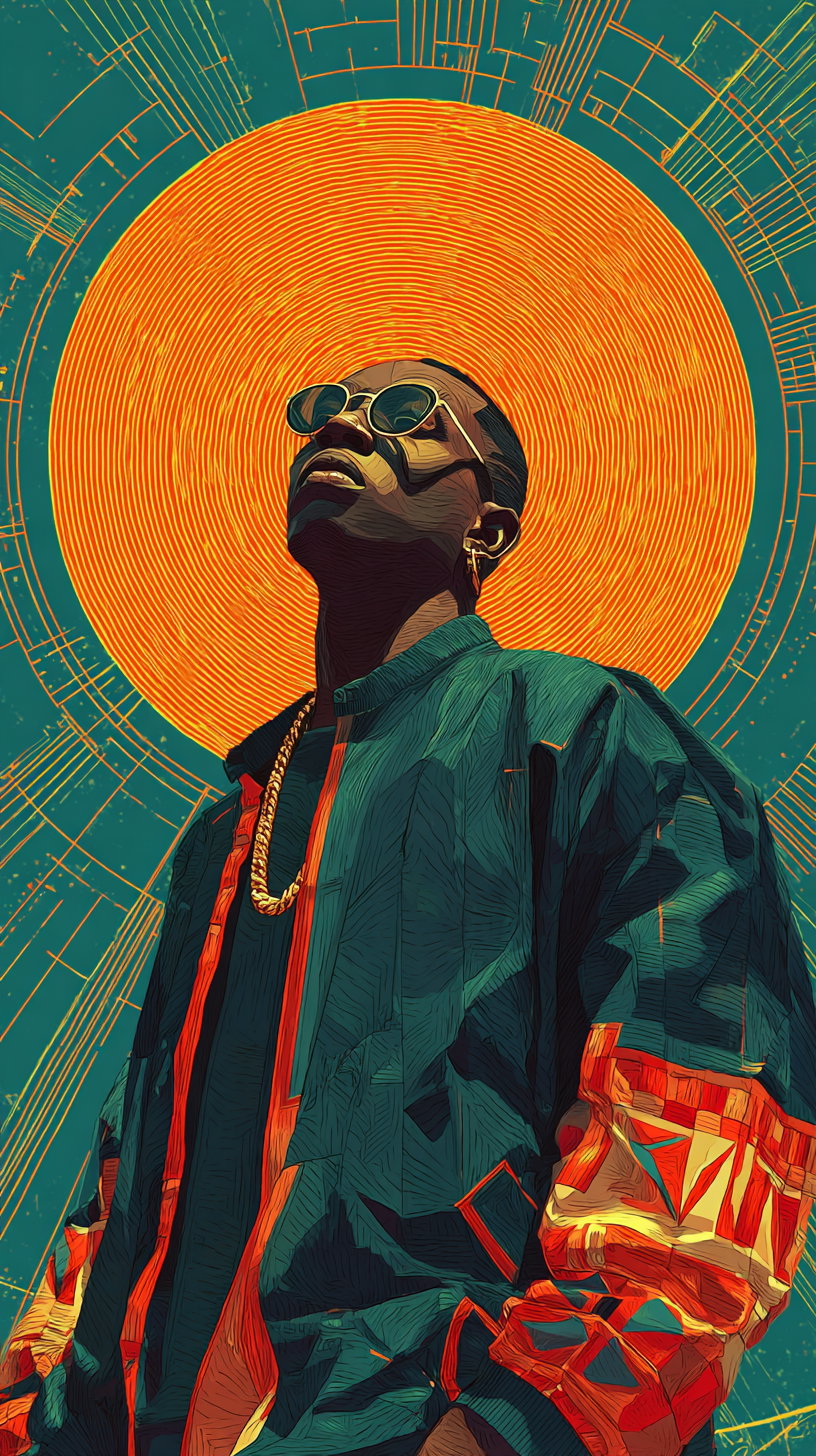 Digital art portrait of a man wearing sunglasses and a dark jacket with red and orange patterns, with a large glowing circular halo behind his head on a teal background