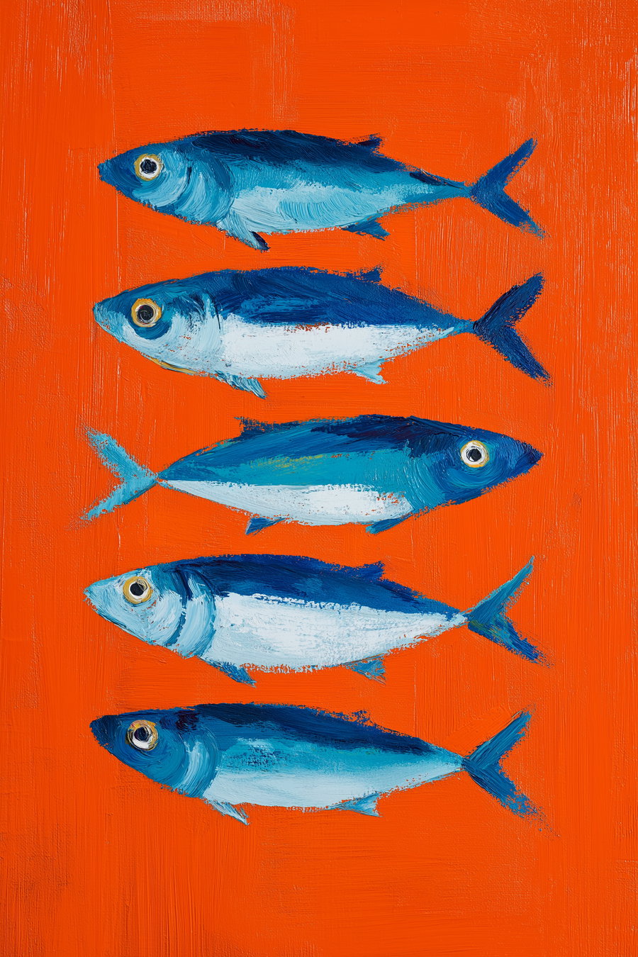 Painting of five blue and white fish aligned vertically on an orange textured background