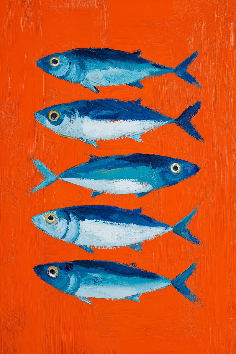 Vibrant painting of five blue fish on a bright orange background