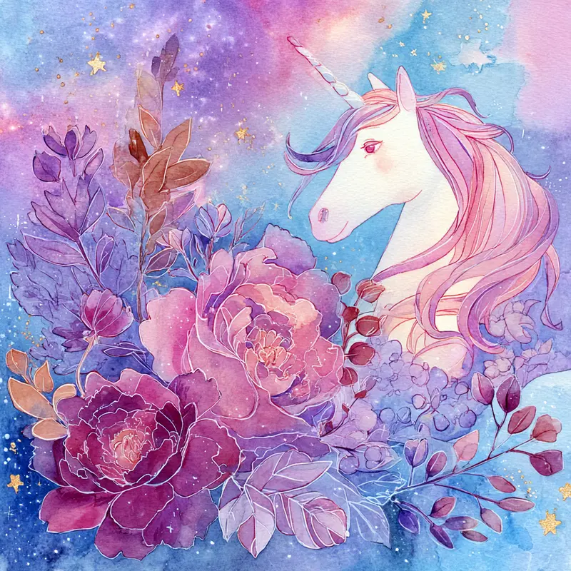 Dreamy watercolor unicorn surrounded by fantasy florals and stars