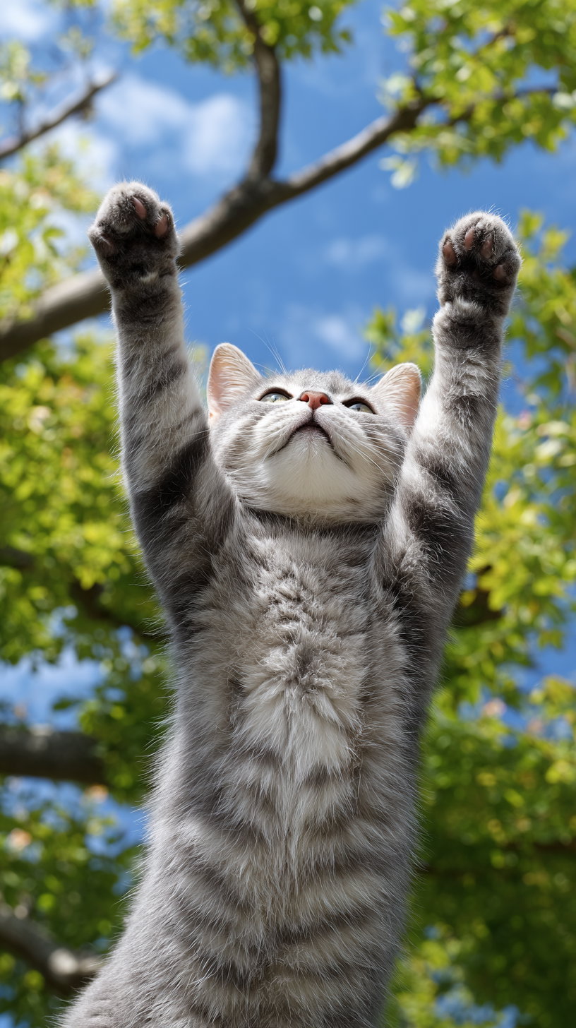 Gray tabby cat with paws raised, standing outside with green tree branches and blue sky background