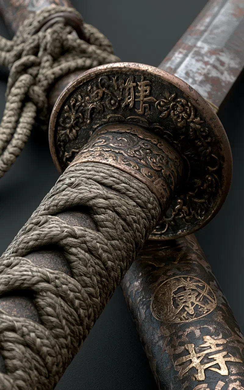 Detailed close-up of traditional Japanese sword hilts with intricate engravings