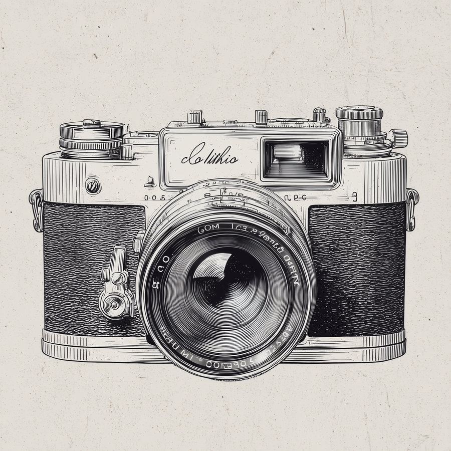 Black and white detailed illustration of a vintage camera with textured grip and prominent lens on a light textured background