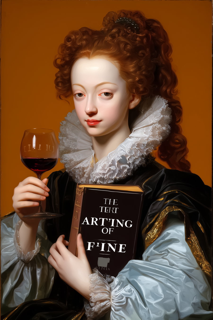 A detailed vintage style painting of a woman with curly red hair tied up, dressed in ornate historical clothing with lace, holding a glass of red wine in her right hand and a book titled The Art of Fine in her left hand, set against a warm brown background.