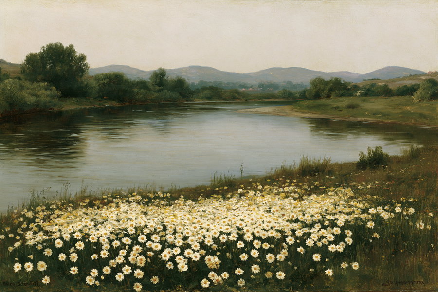 Painting of a calm river surrounded by green trees and bushes with a large cluster of white daisies in the foreground and rolling hills in the background under a pale sky