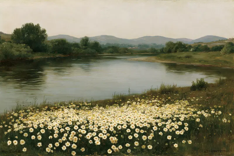 Serene landscape featuring a riverside field of blooming daisies and distant hills