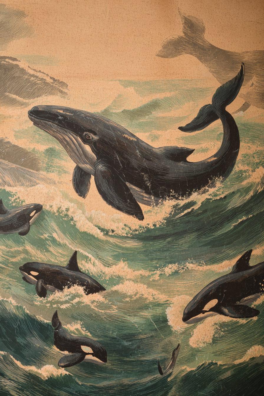 Illustration showing a group of whales including a large blue whale and orcas swimming through stylized ocean waves in a vintage artwork style